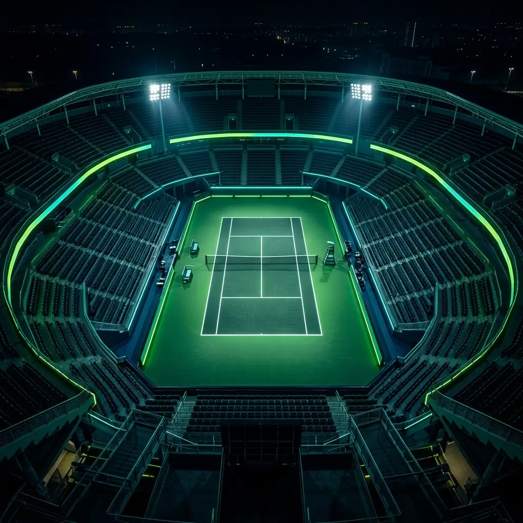 Illuminated Tennis Court at Night